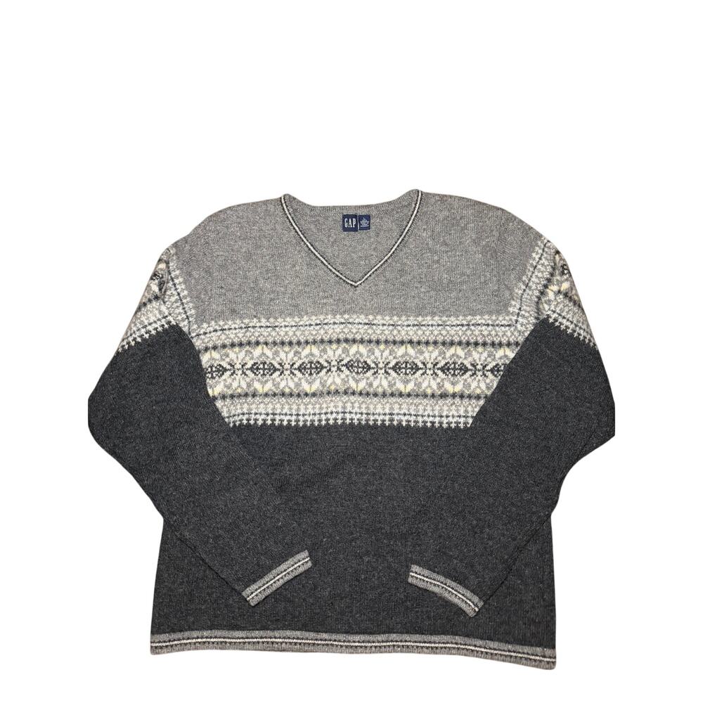 Gap Sweater Gray Large Vintage Fair Isle Lambswool V-Neck Winter Cabin Casual